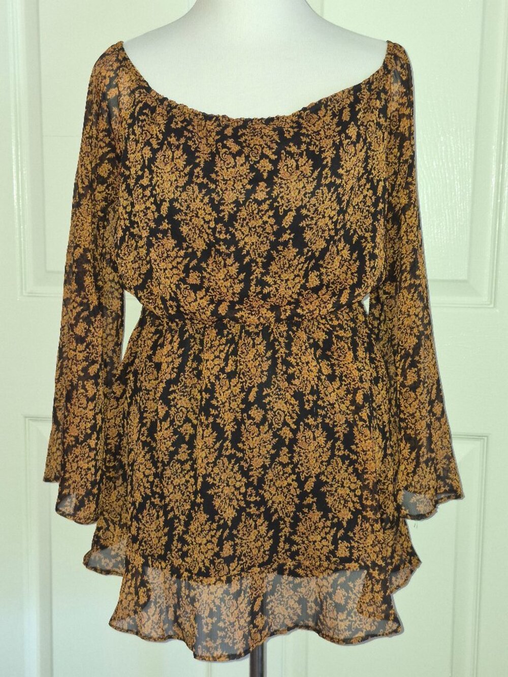 Windsor Black Gold Brown Floral Print Off Shoulder Mini Dress Large NEW
